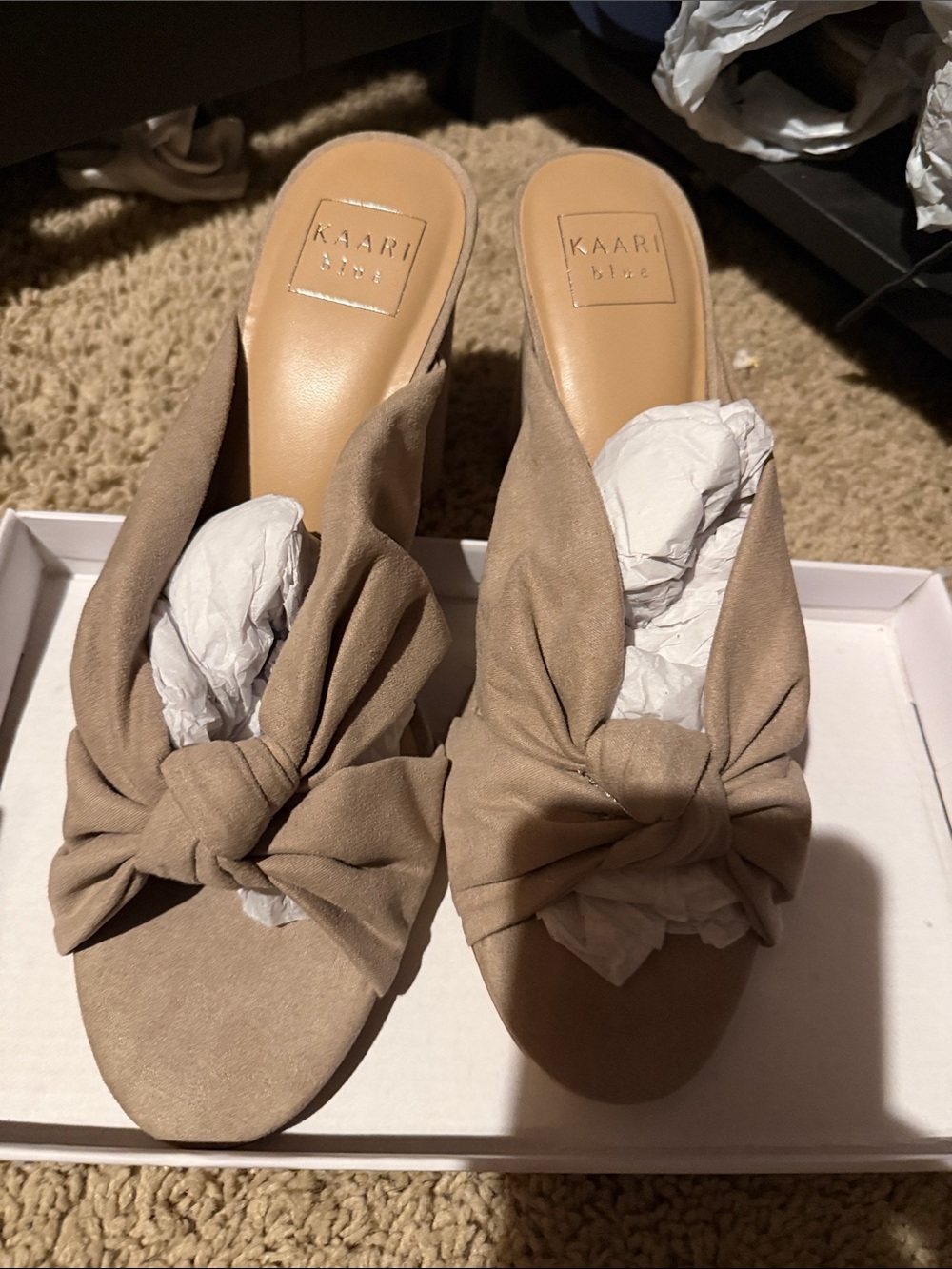 Kaari Blue Taupe Knot Suede Slide Mules